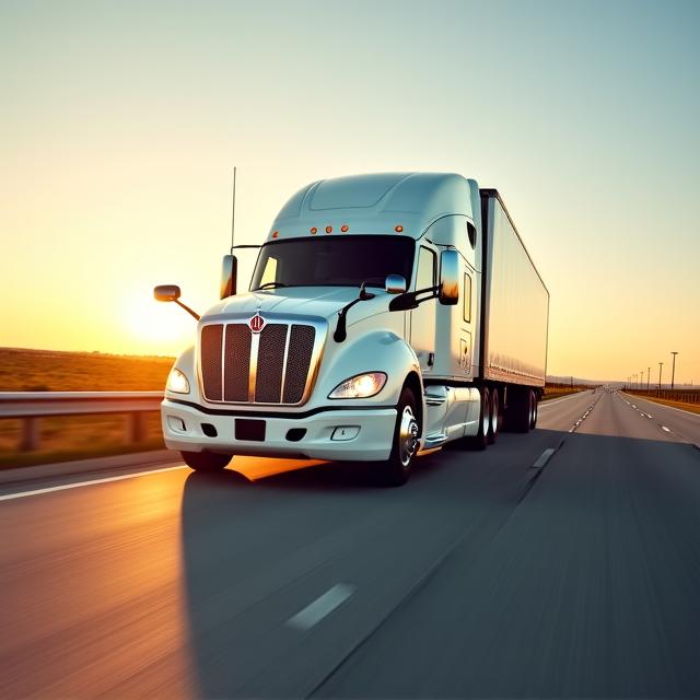 A high-speed modern logistics truck on a Texas highway at dawn