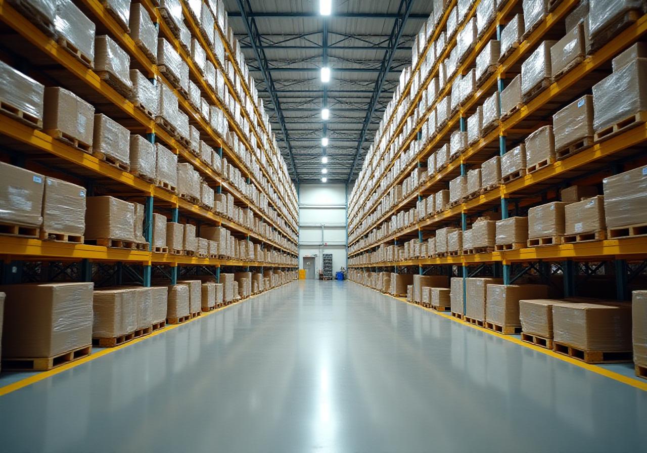 Modern logistics warehouse with high-reach shelving